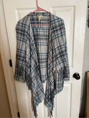 Matilda Jane Gray & Teal Plaid Fringe Wrap